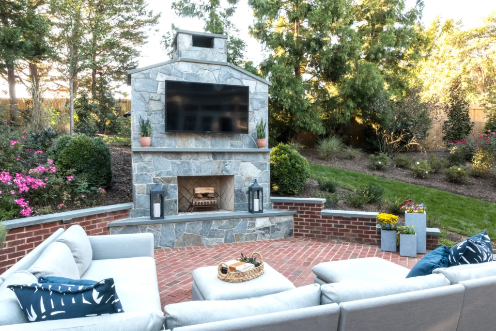 outdoor fireplace and seating