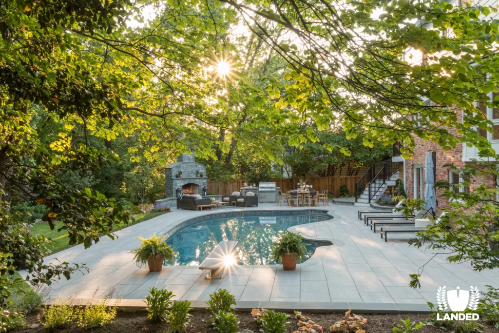 glistening pool in backyard