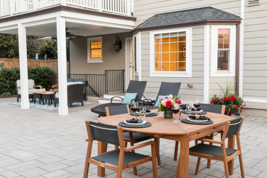 Outdoor Dining next to lounge chairs