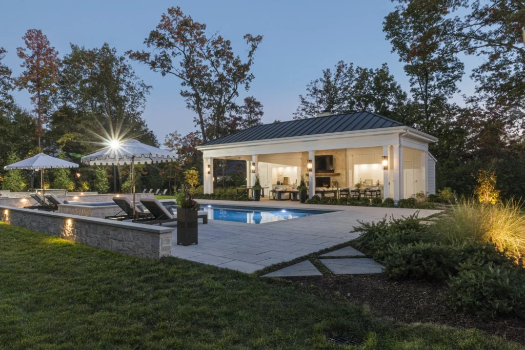 Custom Pavilion in Alexandria, VA backyard stands beside a pool