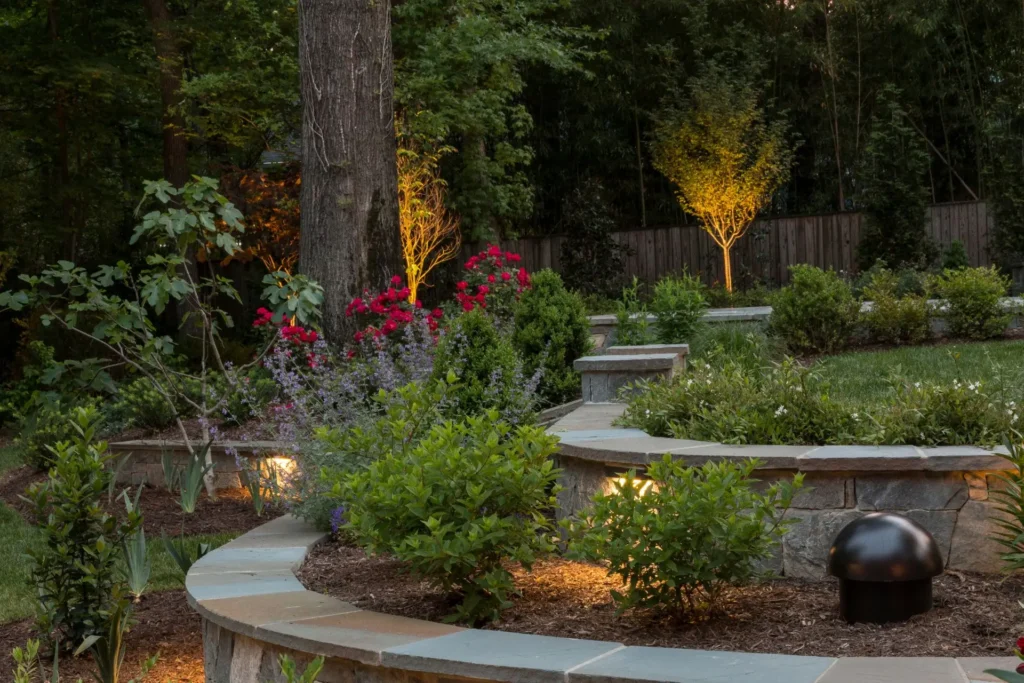 Dramatic landscape lighting uplights trees and shrubs in an Alexandria backyard at twilight