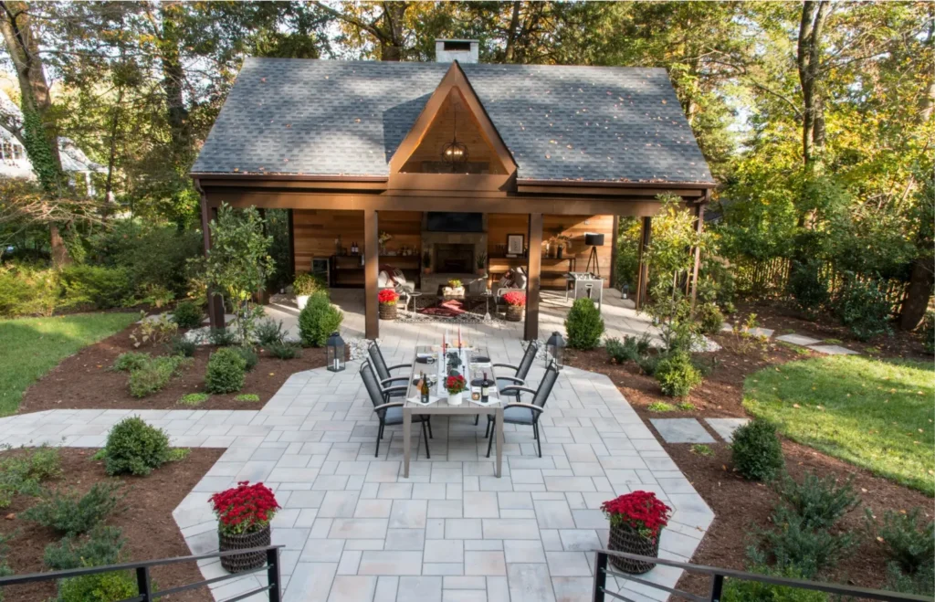 Outdoor living with a covered patio, dining, and entertaining space in Vienna, Virginia