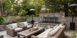 Hardscape retaining wall with waterfall feature and patio in Northern Virginia