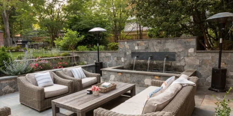 Hardscape retaining wall with waterfall feature and patio in Northern Virginia