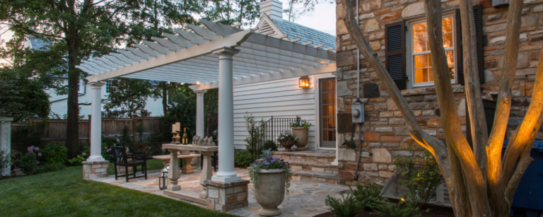 white pergola in thee evening